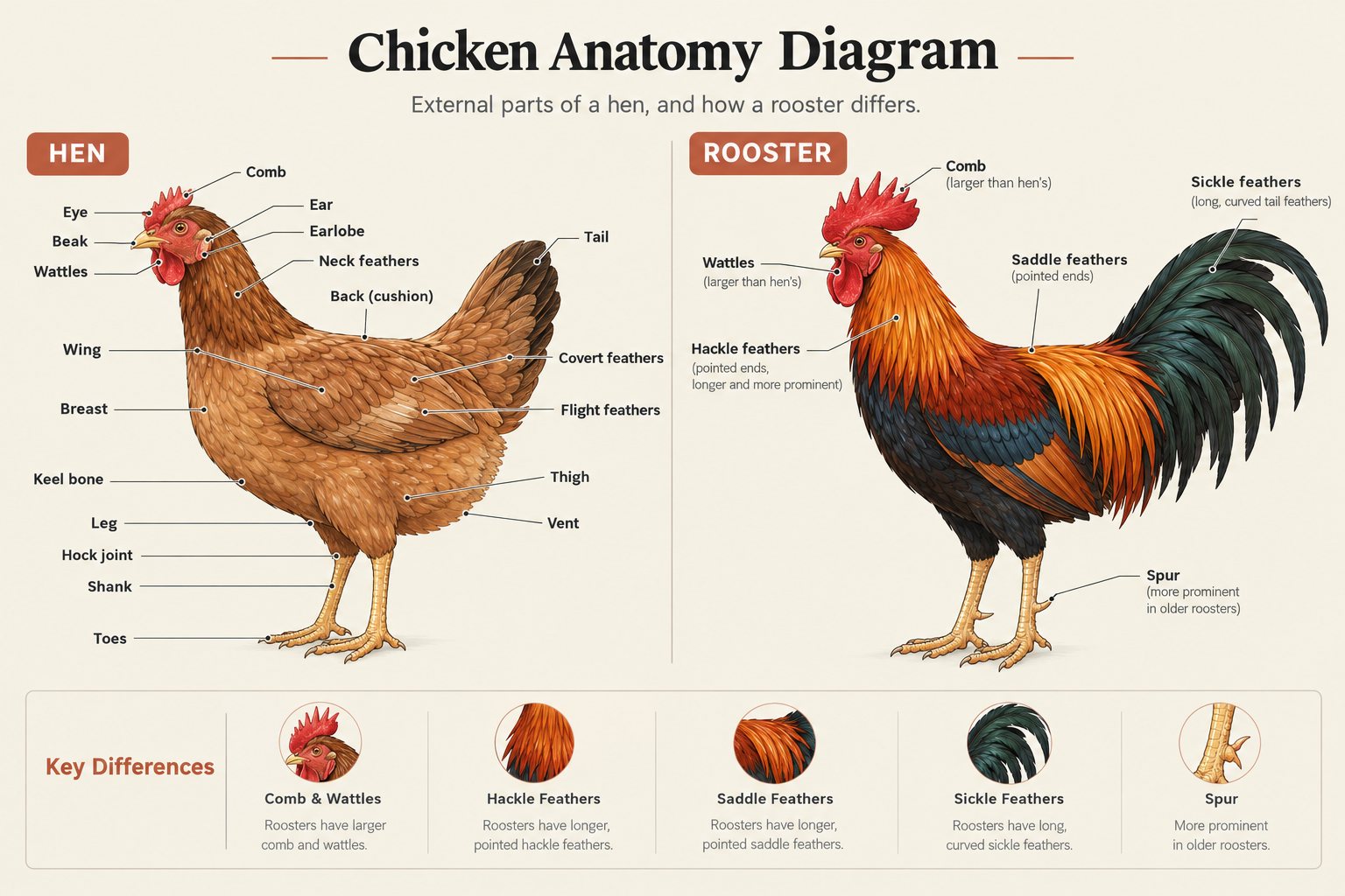Chicken anatomy diagram: a hen labeled with comb, eye, beak, wattles, ear, earlobe, neck feathers, back (cushion), wing, breast, keel bone, covert feathers, flight feathers, tail, thigh, vent, leg, hock joint, shank and toes, beside a rooster labeled with comb, wattles, hackle feathers, saddle feathers, sickle feathers and spur, and a key-differences strip